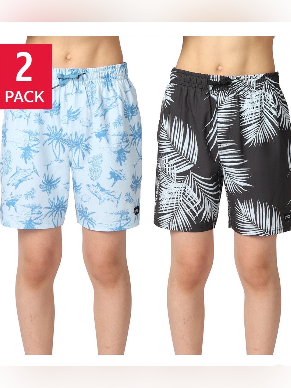 RVCA Boys XS 5/6 - 2-Pack Swim Shorts - Light Blue Tropical & Black Palm